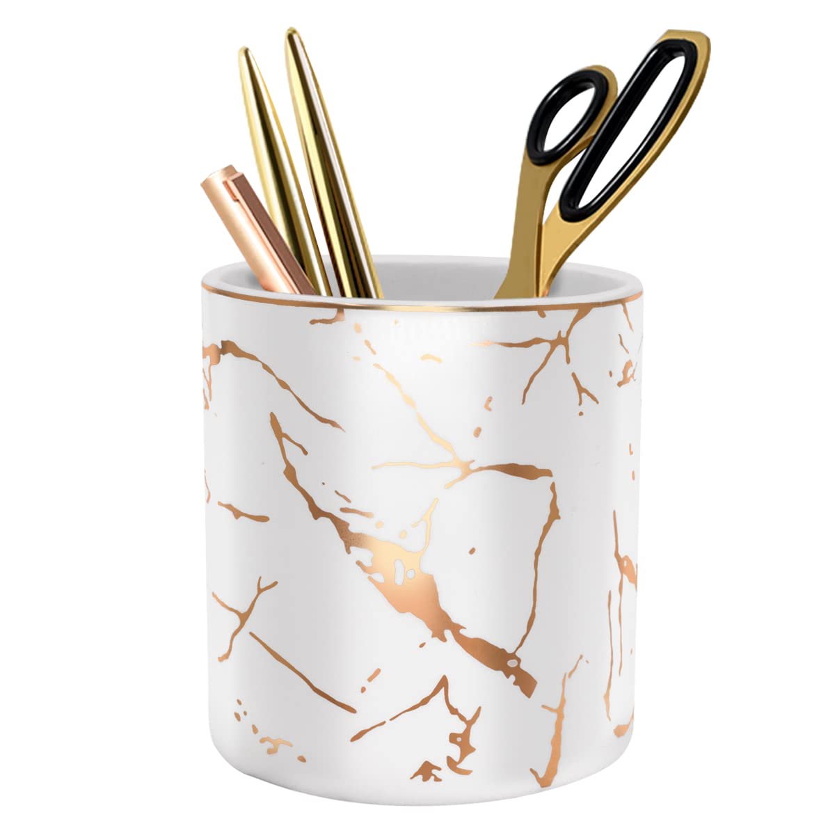 Large Capacity Colored Pen Holder for Desk, Ceramic Pencil Holder Pen Cup Marker Holder Makeup Brush Holders, Desk Accessories & Workspace Organizers for Home, Office, White Flower