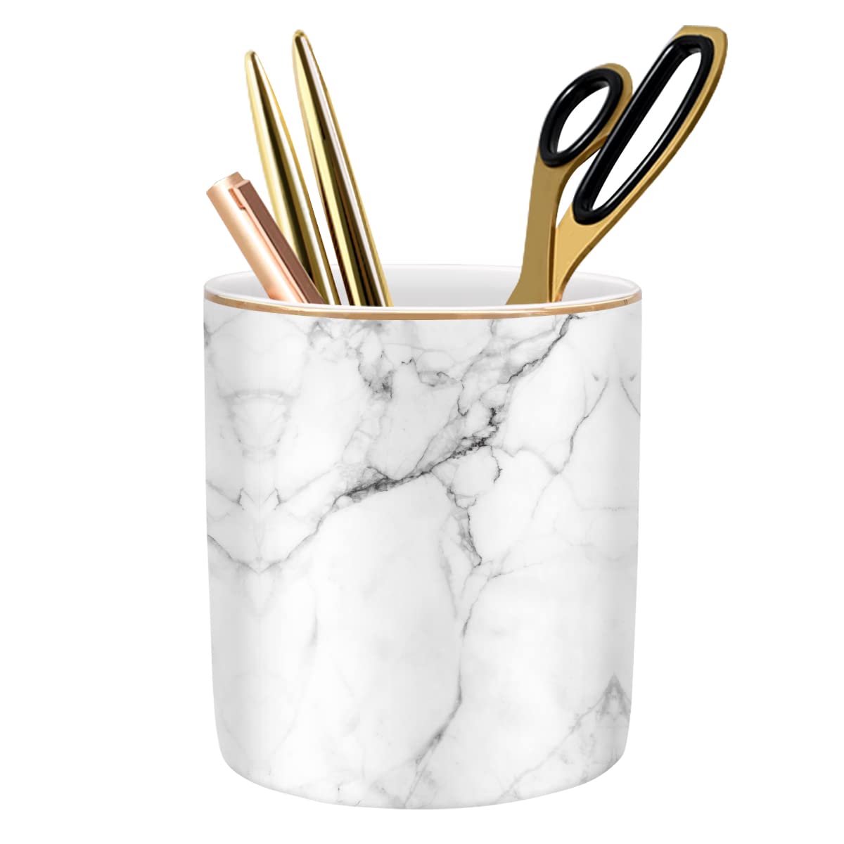 Large Capacity Colored Pen Holder for Desk, Ceramic Pencil Holder Pen Cup Marker Holder Makeup Brush Holders, Desk Accessories & Workspace Organizers for Home, Office, White Flower