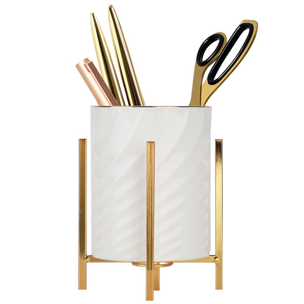 Gold pencil cup Sturdy metal frame with white ceramic pen holder For desks and kitchen appliance holders