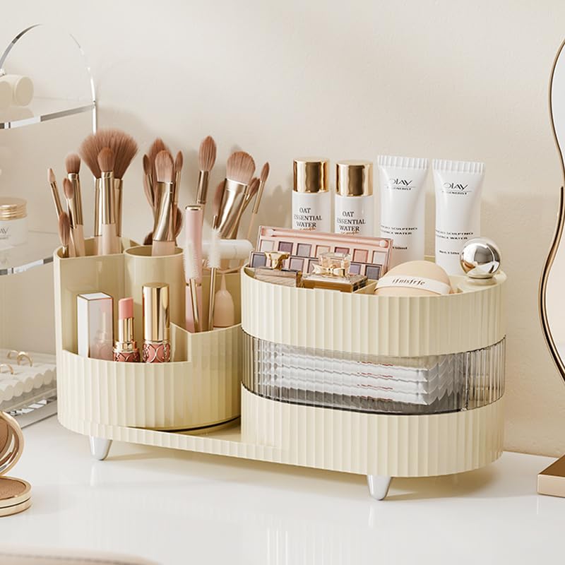 Pink Rotating Vanity Organizer with Brush Holder - Large Spinning Cosmetic Storage, Countertop Makeup & Skincare Organizer, Perfume & Lotions Display Case