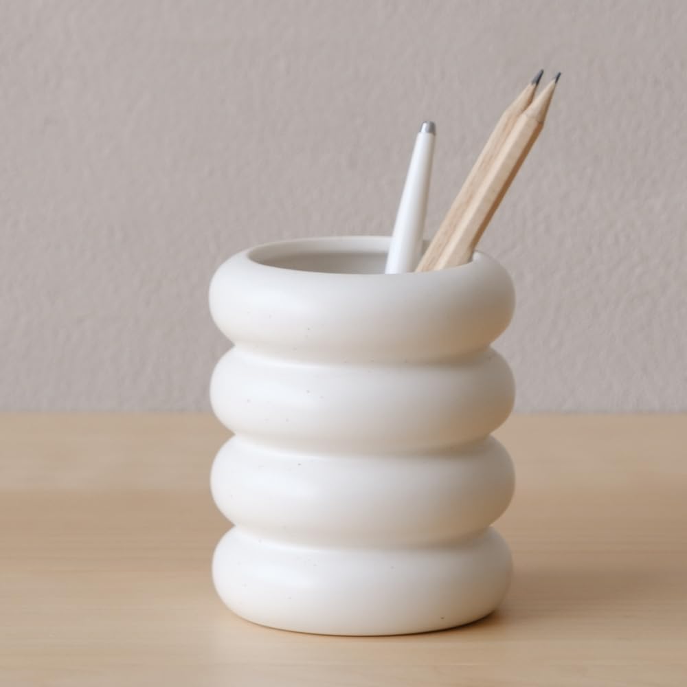 WENSHUO Ceramic Pen Holder, Pencil Holder, Cute Makeup Brush Holder, Crème