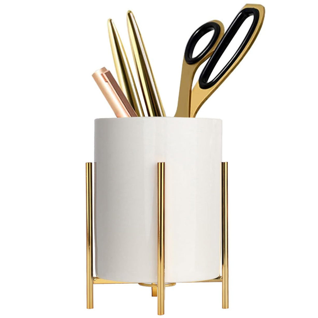 Gold pencil cup Sturdy metal frame with white ceramic pen holder For desks and kitchen appliance holders