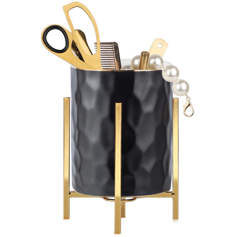 Gold pencil cup Sturdy metal frame with white ceramic pen holder For desks and kitchen appliance holders