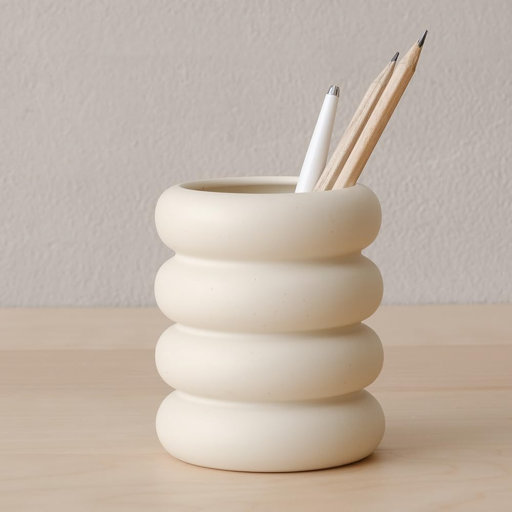 WENSHUO Ceramic Pen Holder, Pencil Holder, Cute Makeup Brush Holder, Crème