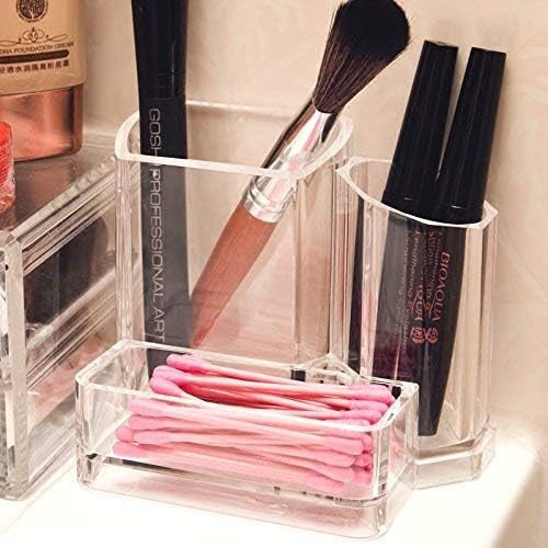 Sooyee Acrylic Desk Supplies Cosmetic Organizer Holder, 3 Compartment Office Desktop Caddy, Multi-function Pen Pencil Cup Phone Remote Control Stationery Storage Box for Home, School, Classroom, Clear