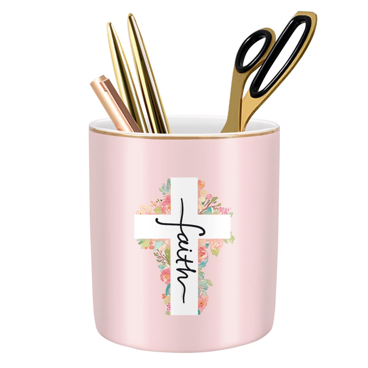 Large Capacity Colored Pen Holder for Desk, Ceramic Pencil Holder Pen Cup Marker Holder Makeup Brush Holders, Desk Accessories & Workspace Organizers for Home, Office, White Flower