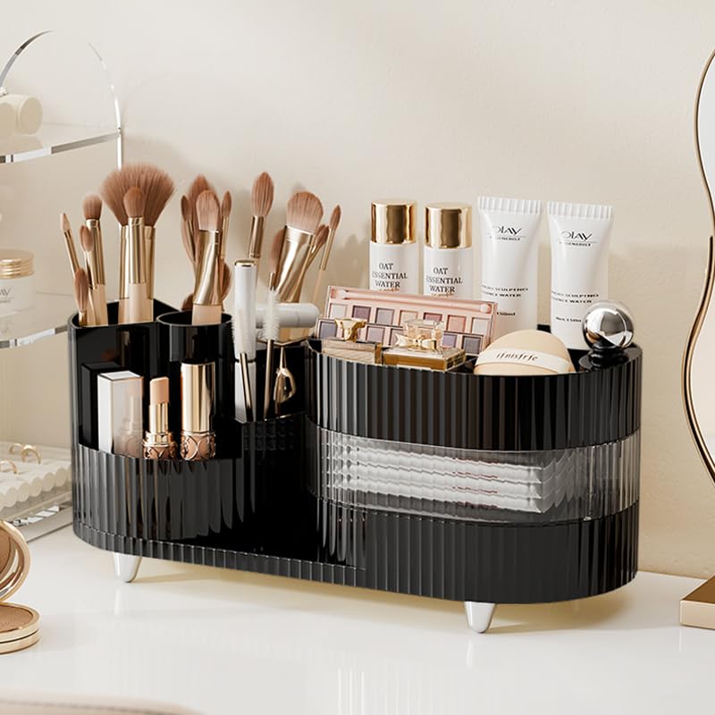 Pink Rotating Vanity Organizer with Brush Holder - Large Spinning Cosmetic Storage, Countertop Makeup & Skincare Organizer, Perfume & Lotions Display Case