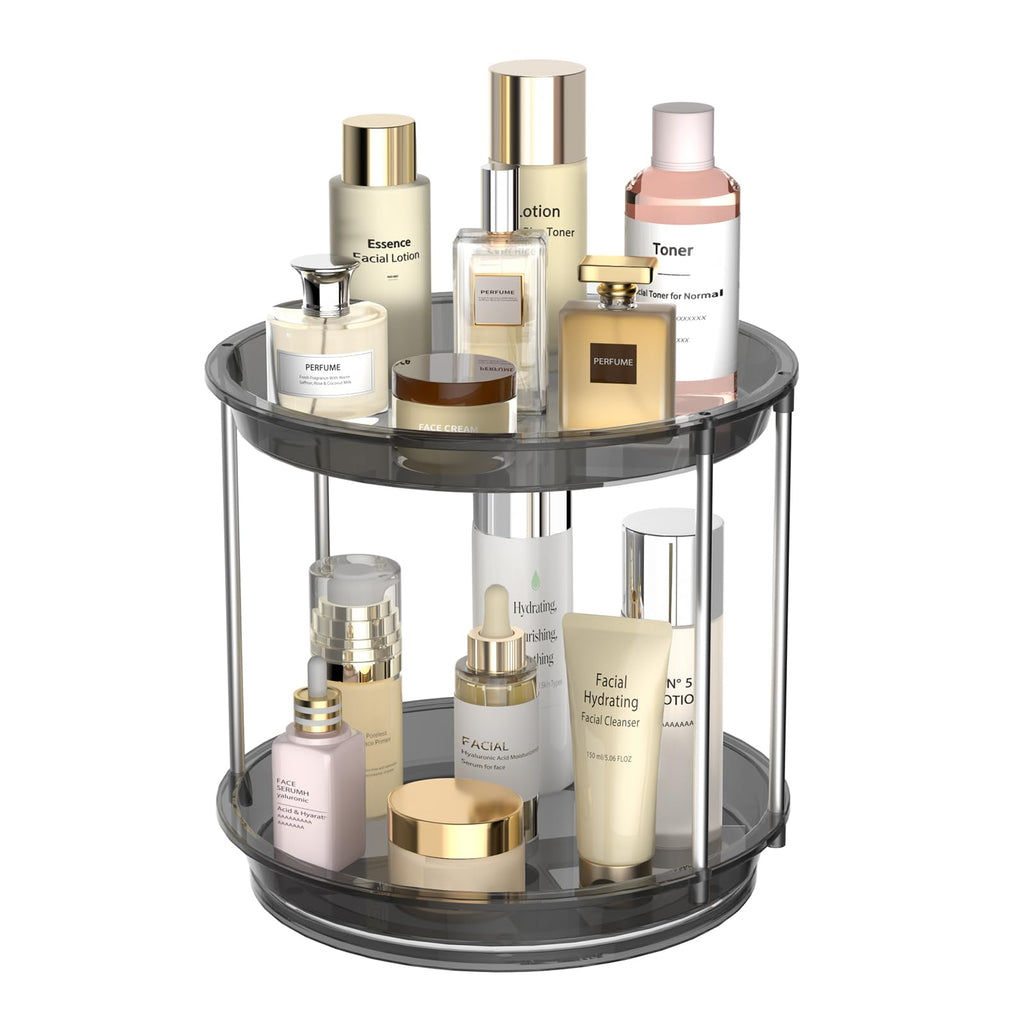 360 Rotating Makeup Organizer, 2 Tier Skincare & Perfume Holder for Bathroom Counter, Clear Spinning Vanity Tray, Lazy Susan Turntable Organizer for Dresser, Kitchen Cabinet