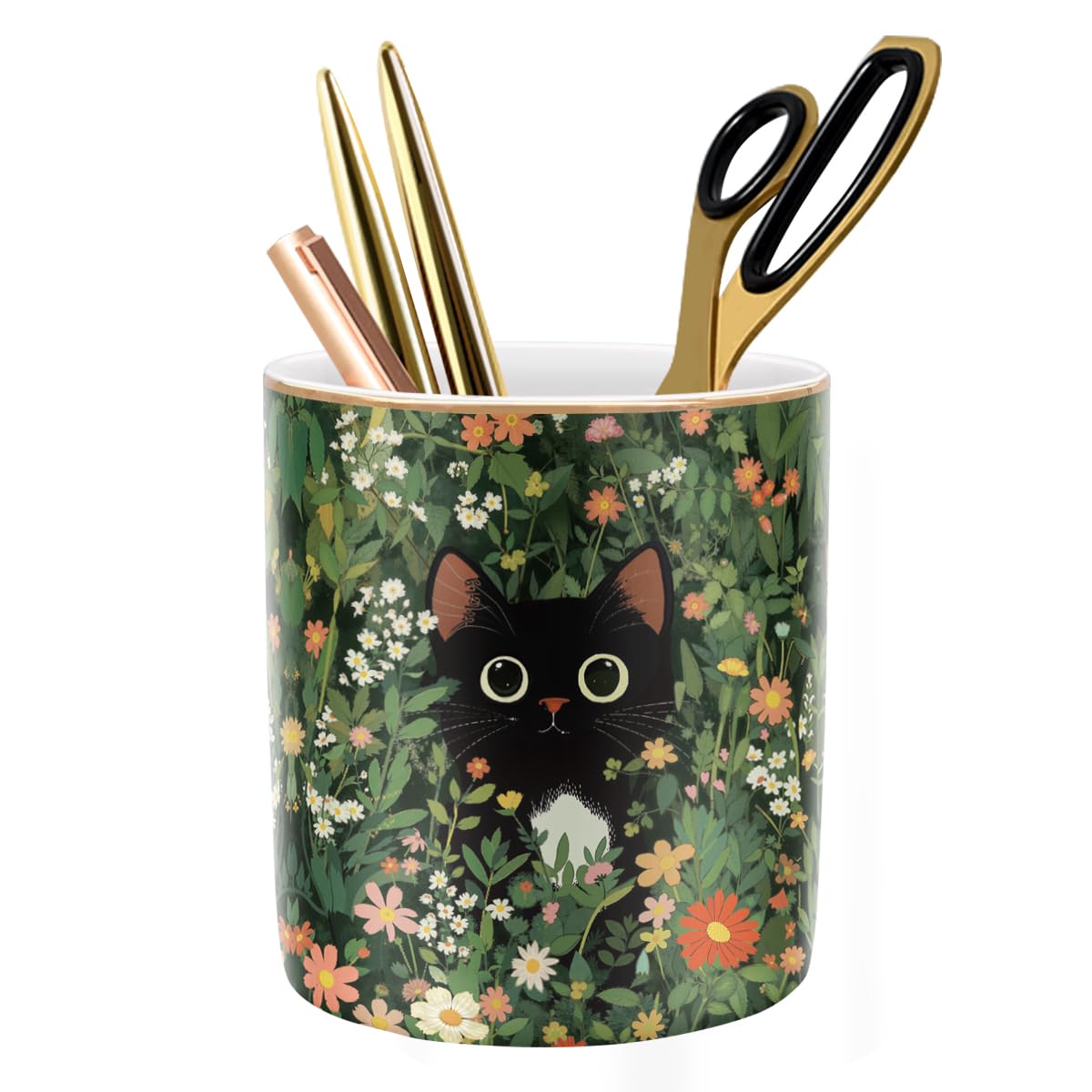Large Capacity Colored Pen Holder for Desk, Ceramic Pencil Holder Pen Cup Marker Holder Makeup Brush Holders, Desk Accessories & Workspace Organizers for Home, Office, White Flower