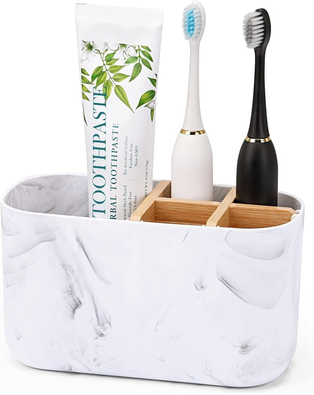 GFWARE Toothbrush Holders for Bathrooms, 5 Slots Bamboo Toothbrush Holder Kids Electric Toothbrush Holder and Toothpaste Holder for Bathroom Countertop Accessories Storage, Marble Toothbrush Organizer