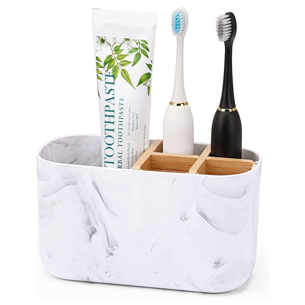 GFWARE Toothbrush Holders for Bathrooms, 5 Slots Bamboo Toothbrush Holder Kids Electric Toothbrush Holder and Toothpaste Holder for Bathroom Countertop Accessories Storage, Marble Toothbrush Organizer