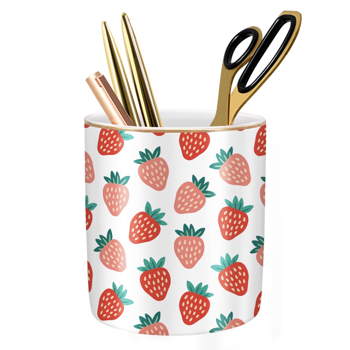 Large Capacity Colored Pen Holder for Desk, Ceramic Pencil Holder Pen Cup Marker Holder Makeup Brush Holders, Desk Accessories & Workspace Organizers for Home, Office, White Flower