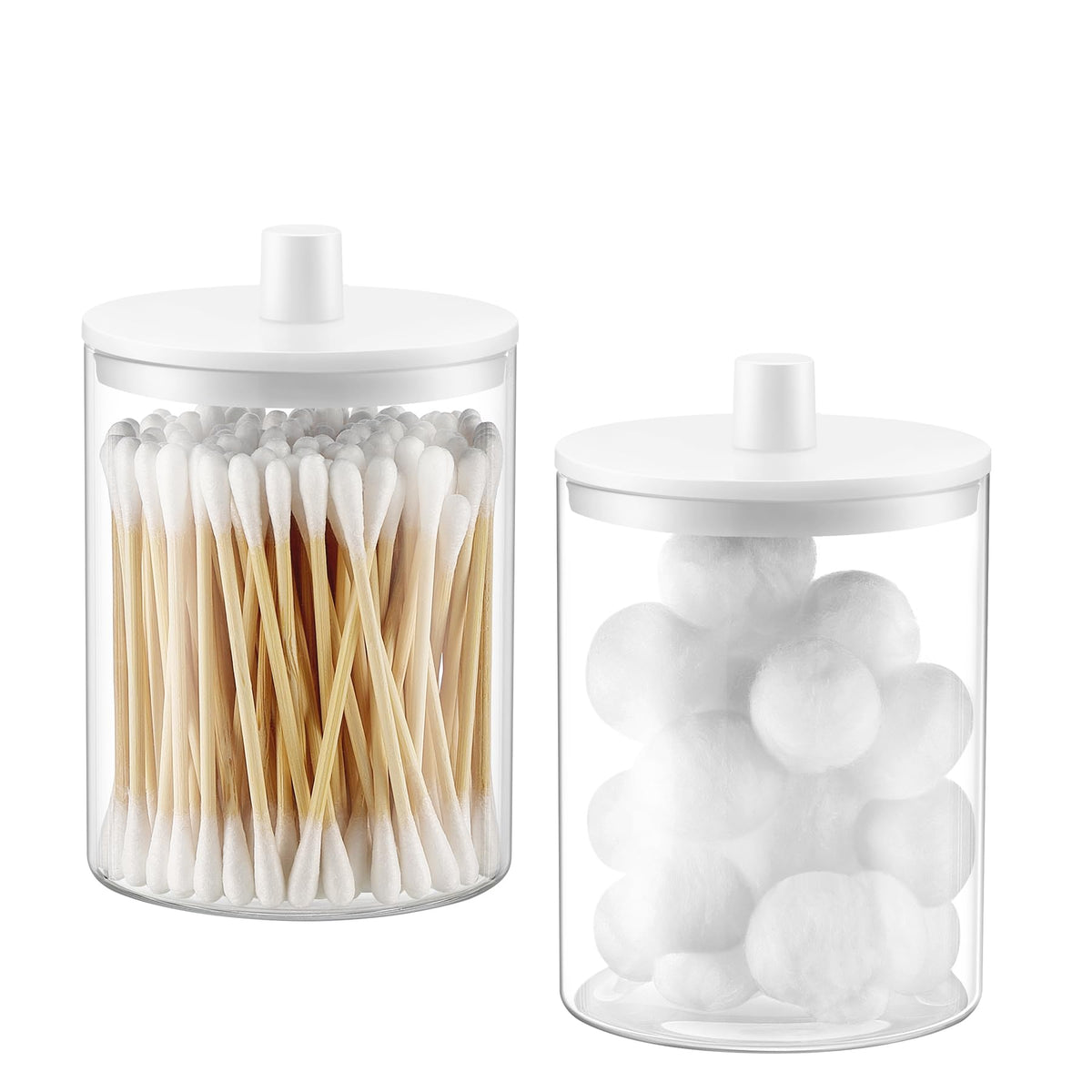 TIPGO Glass Qtip Holder Dispenser - 10 oz Clear Canister Apothecary Jar, Bathroom Vanity Storage Organizer Set for Cotton Swabs, Pads, Floss Picks, Small Containers for Makeup Storage (2 Pack, Black)
