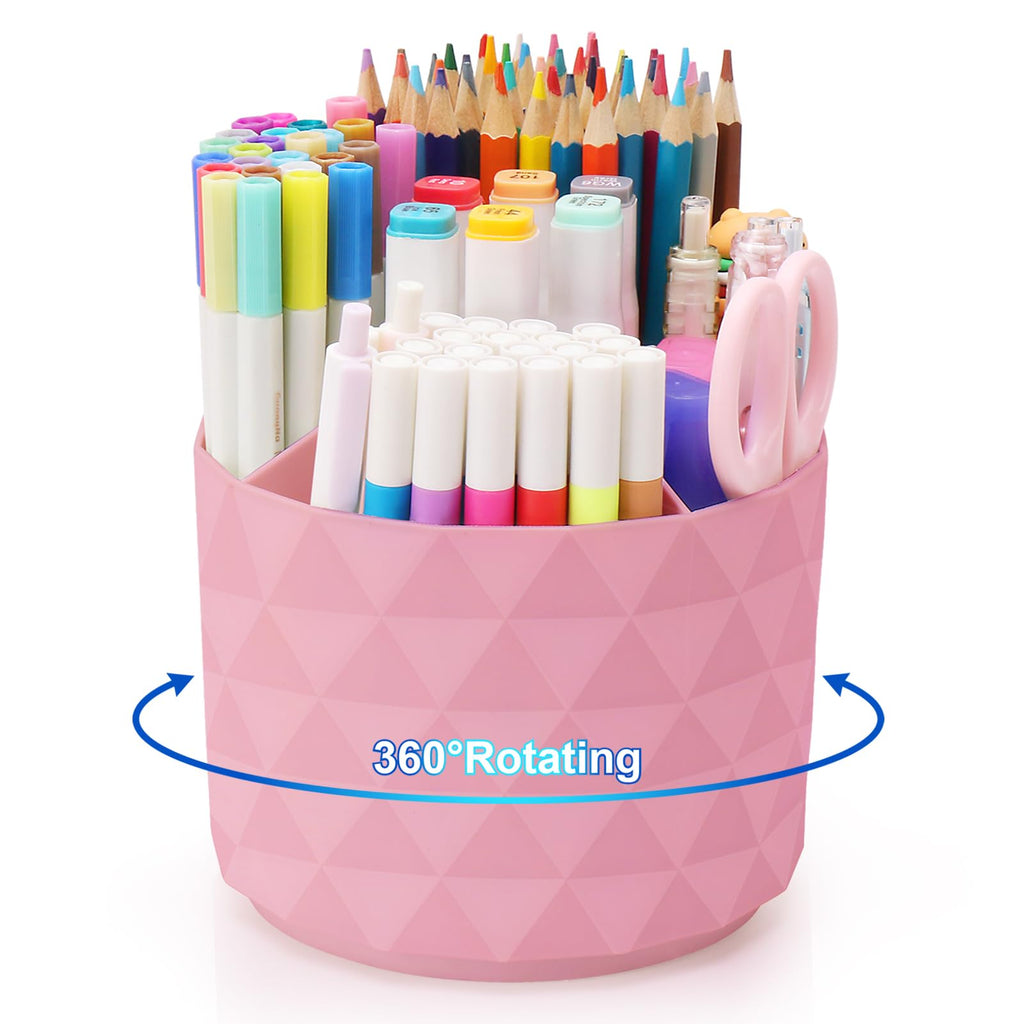 Desk Organizer, 360-Degree Rotating Pencil Pen Holders For Desk, Diamond Pattern Pen Organizer With 5 Compartments, Cute Desk Accessories Decor For Office, School,Home,Art Supply (Pink)
