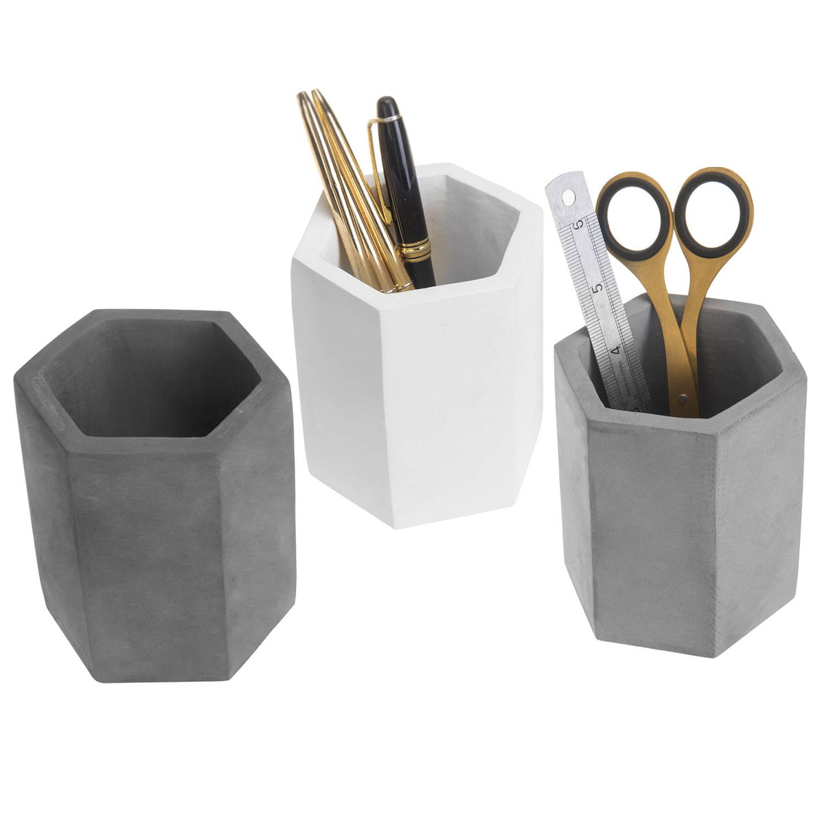 MyGift Pen Holder Pencil Holder For Desk,Pen Cup Holder For Desk,Concrete Desktop Pencil Cup,Modern Gray-Tone,Set of 3