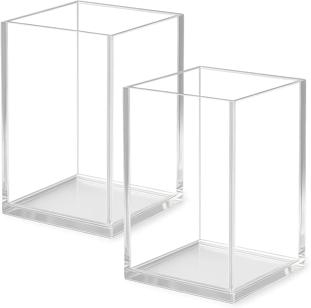 Clear Acrylic Pen Holder Cup Set of 2, Simple Modern Desktop Organizer for Stationery, Makeup Brushes, Office, Study and Home