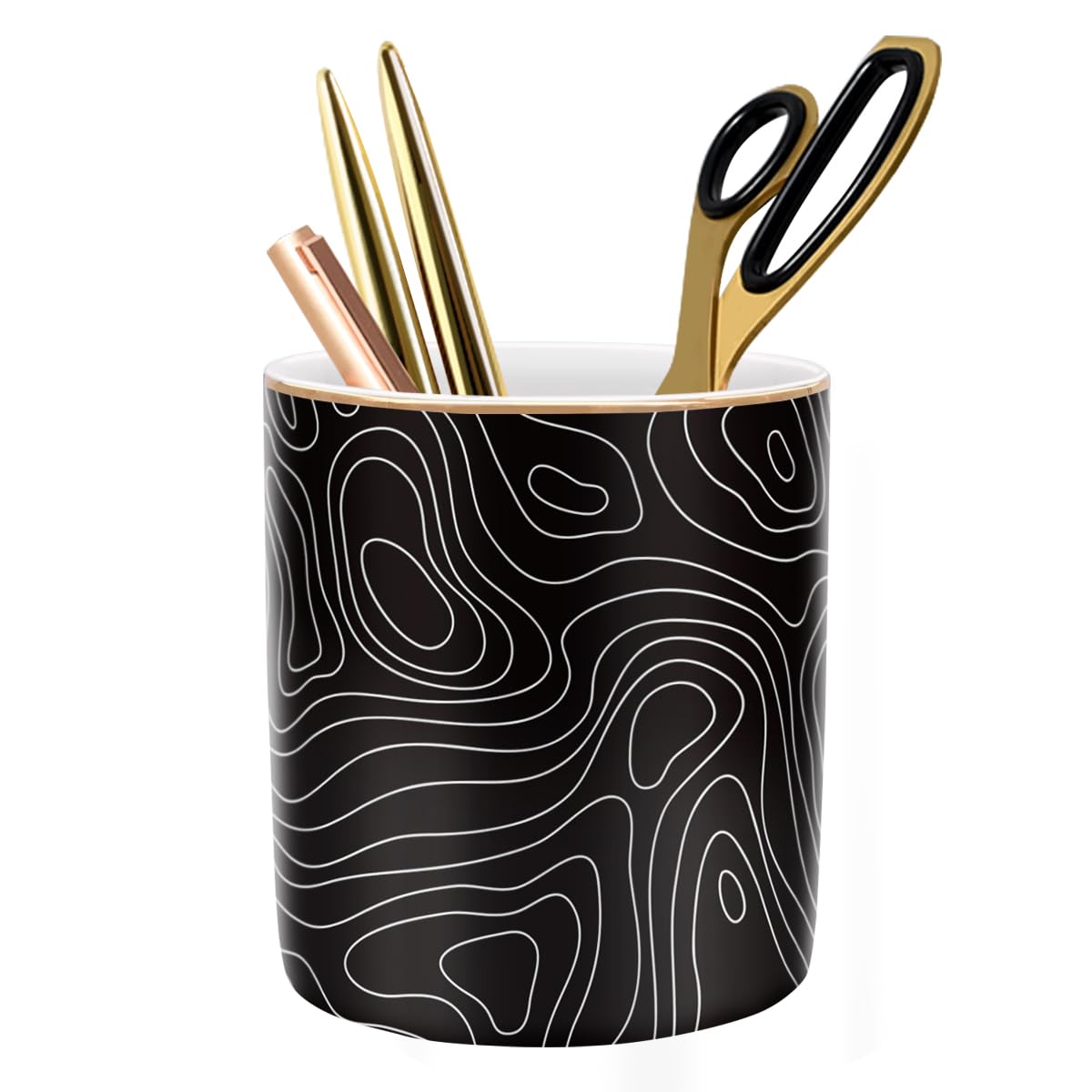 Large Capacity Colored Pen Holder for Desk, Ceramic Pencil Holder Pen Cup Marker Holder Makeup Brush Holders, Desk Accessories & Workspace Organizers for Home, Office, White Flower