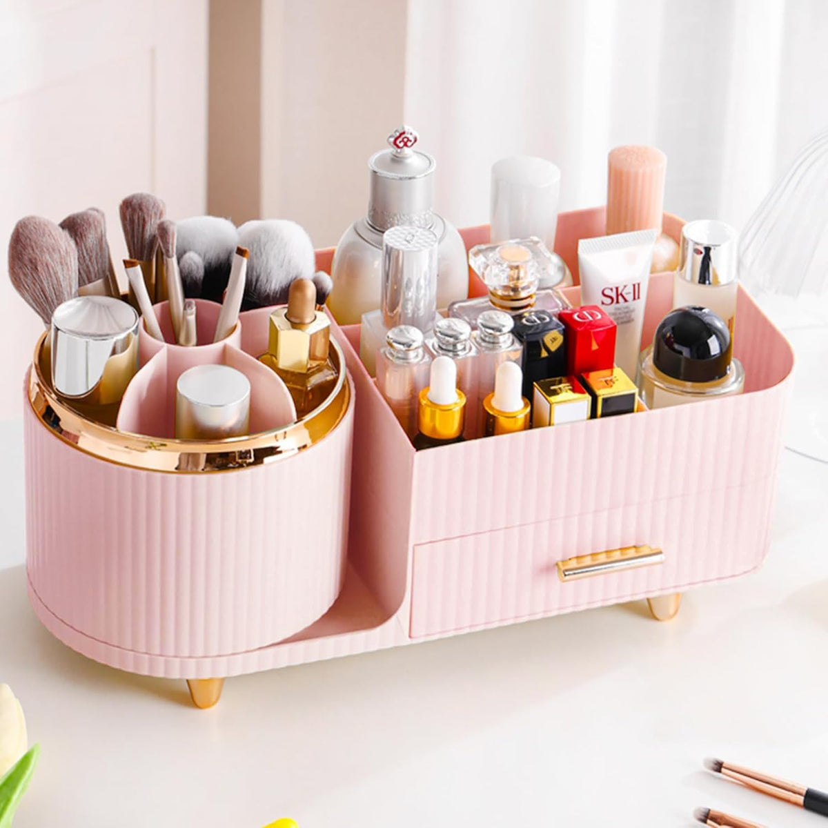 Pink Rotating Vanity Organizer with Brush Holder - Large Spinning Cosmetic Storage, Countertop Makeup & Skincare Organizer, Perfume & Lotions Display Case