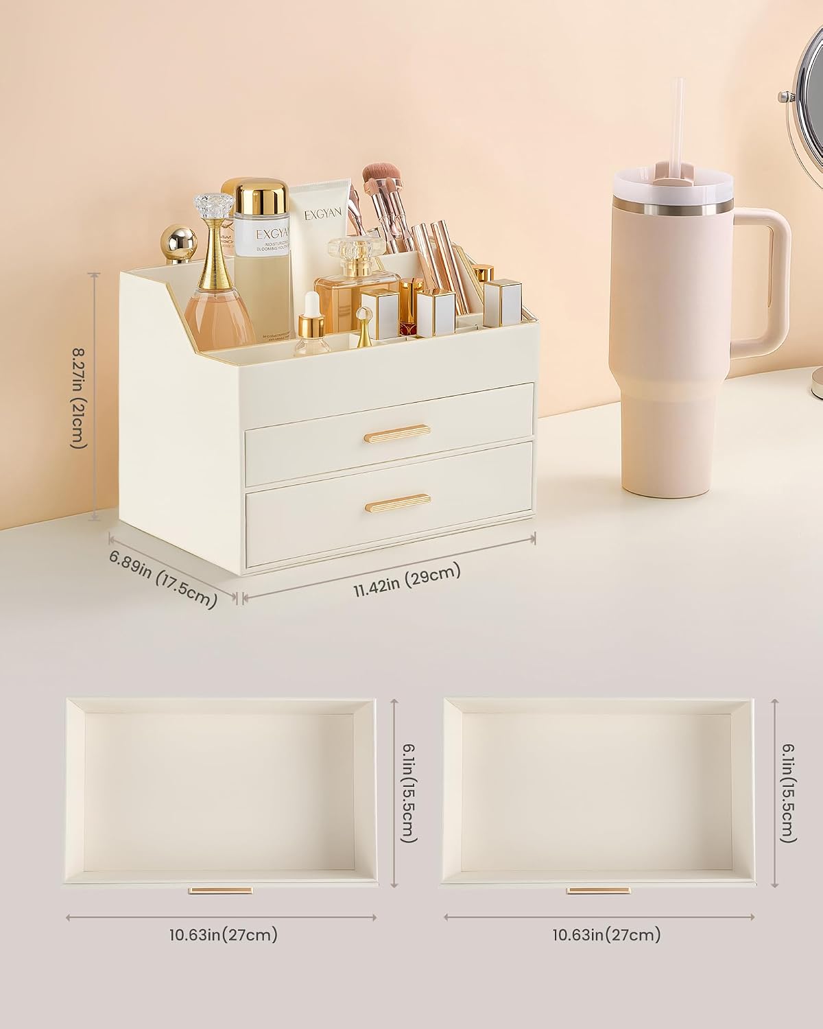 Lolalet Makeup Organizer for Vanity Desk, 3-Layer PU Leather Luxury Make Up Storage Cosmetics Holder Box with Drawers -Beige