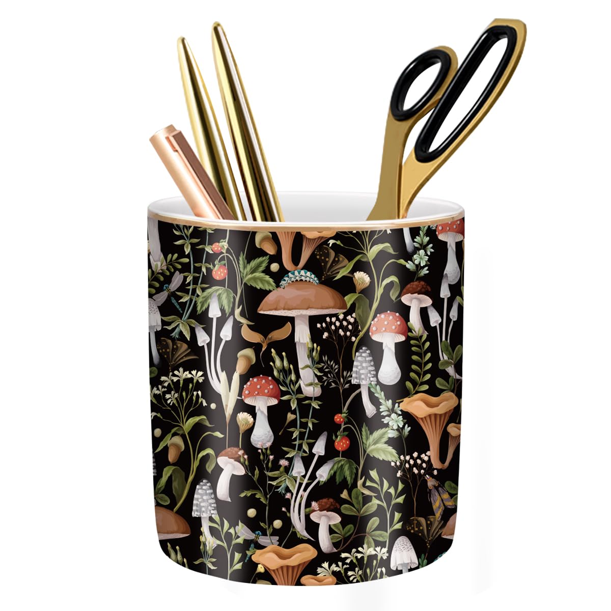 Large Capacity Colored Pen Holder for Desk, Ceramic Pencil Holder Pen Cup Marker Holder Makeup Brush Holders, Desk Accessories & Workspace Organizers for Home, Office, White Flower