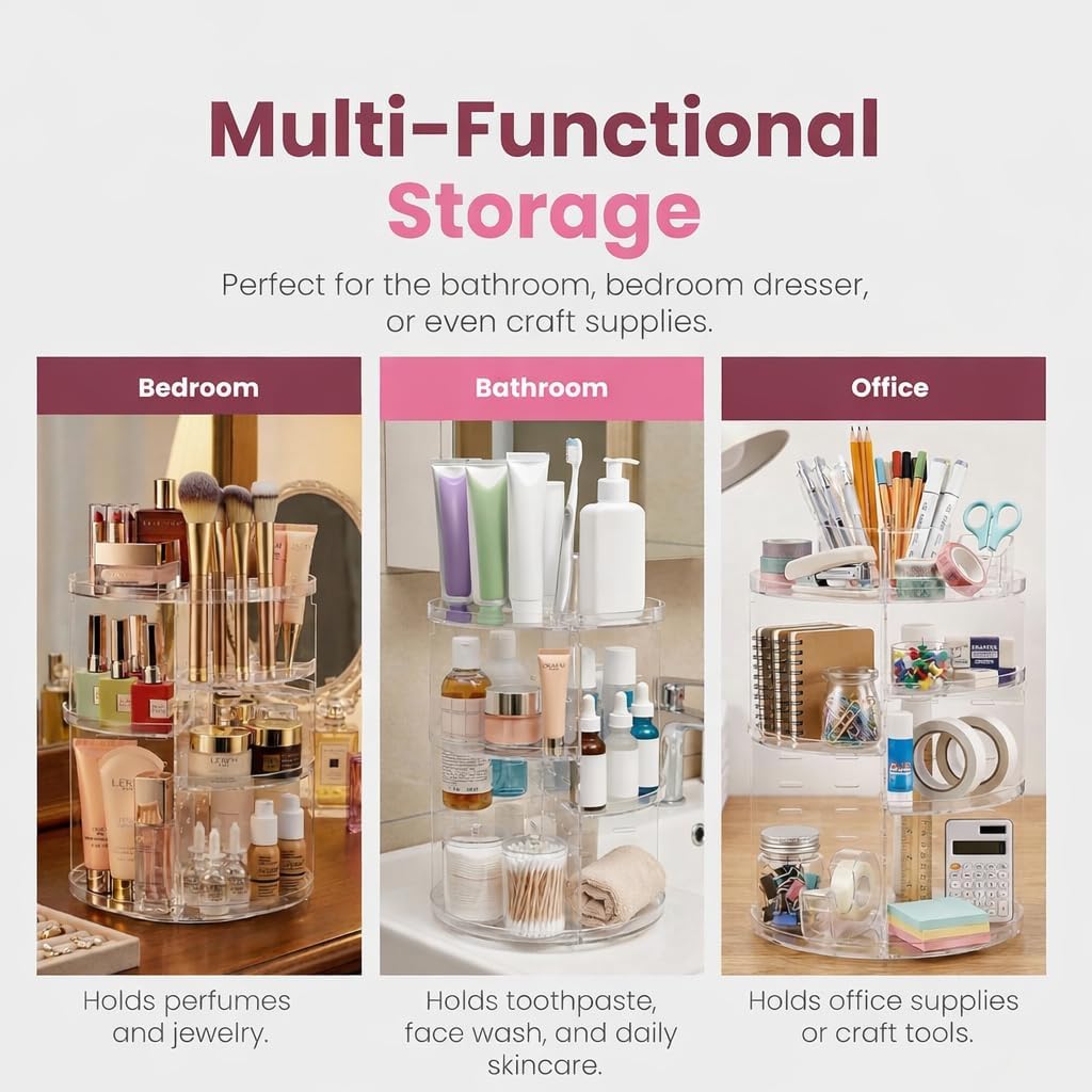 Masirs 360 Rotating Makeup Organizer Countertop, Adjustable Shelf, Clear
