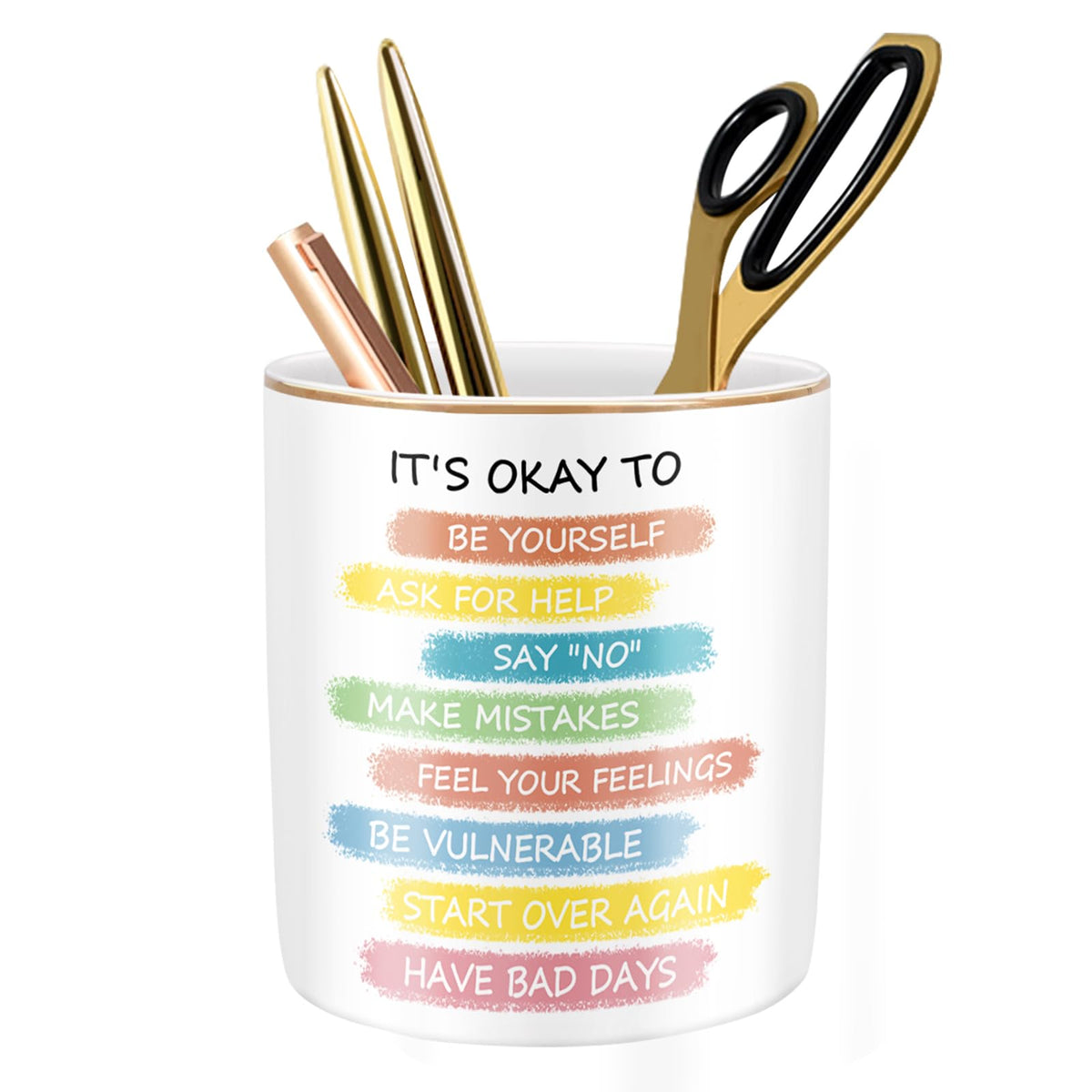 Large Capacity Colored Pen Holder for Desk, Ceramic Pencil Holder Pen Cup Marker Holder Makeup Brush Holders, Desk Accessories & Workspace Organizers for Home, Office, White Flower