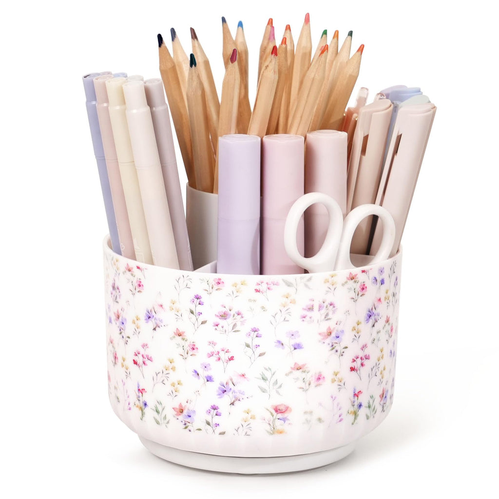 SKYDUE 360 Degree Rotating Pencil Pen Holder for Desk, Dual-Purpose Desk Organizer, Rotating Pencil Cup with 5 Slots, Office Supplies, Desk Decor for Office, School, Home