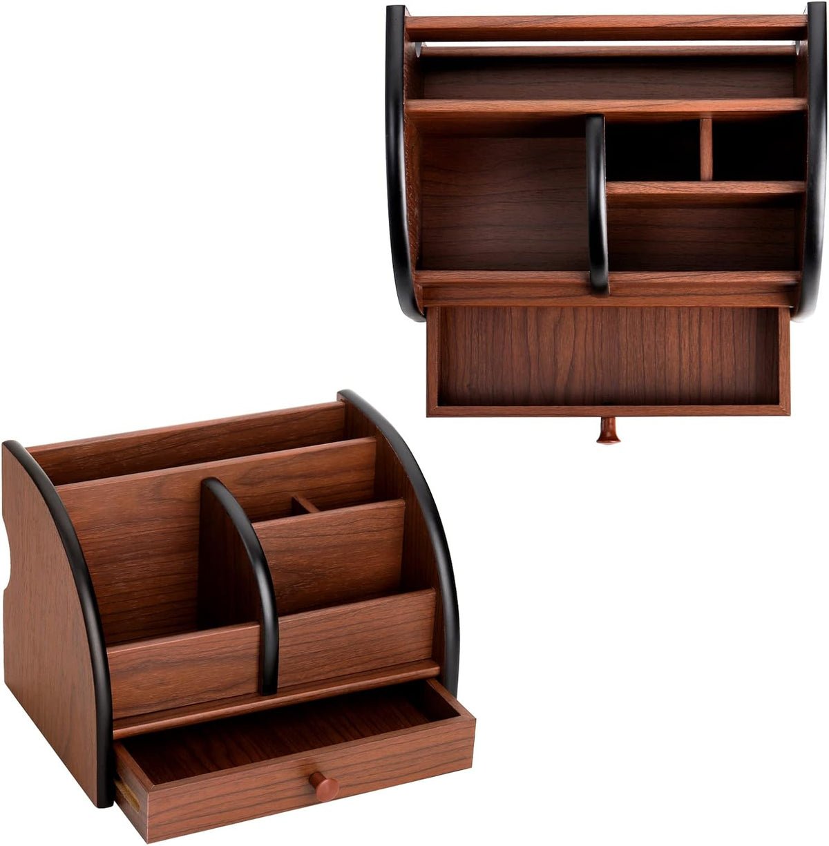Foraineam Wooden Desk Organizer with Drawer, Remote Control Holder Caddy, Makeup Organizers, Wood Pencil Holder Desktop Supplies and Stationery Rack for Home Office School Tabletop Accessories Storage