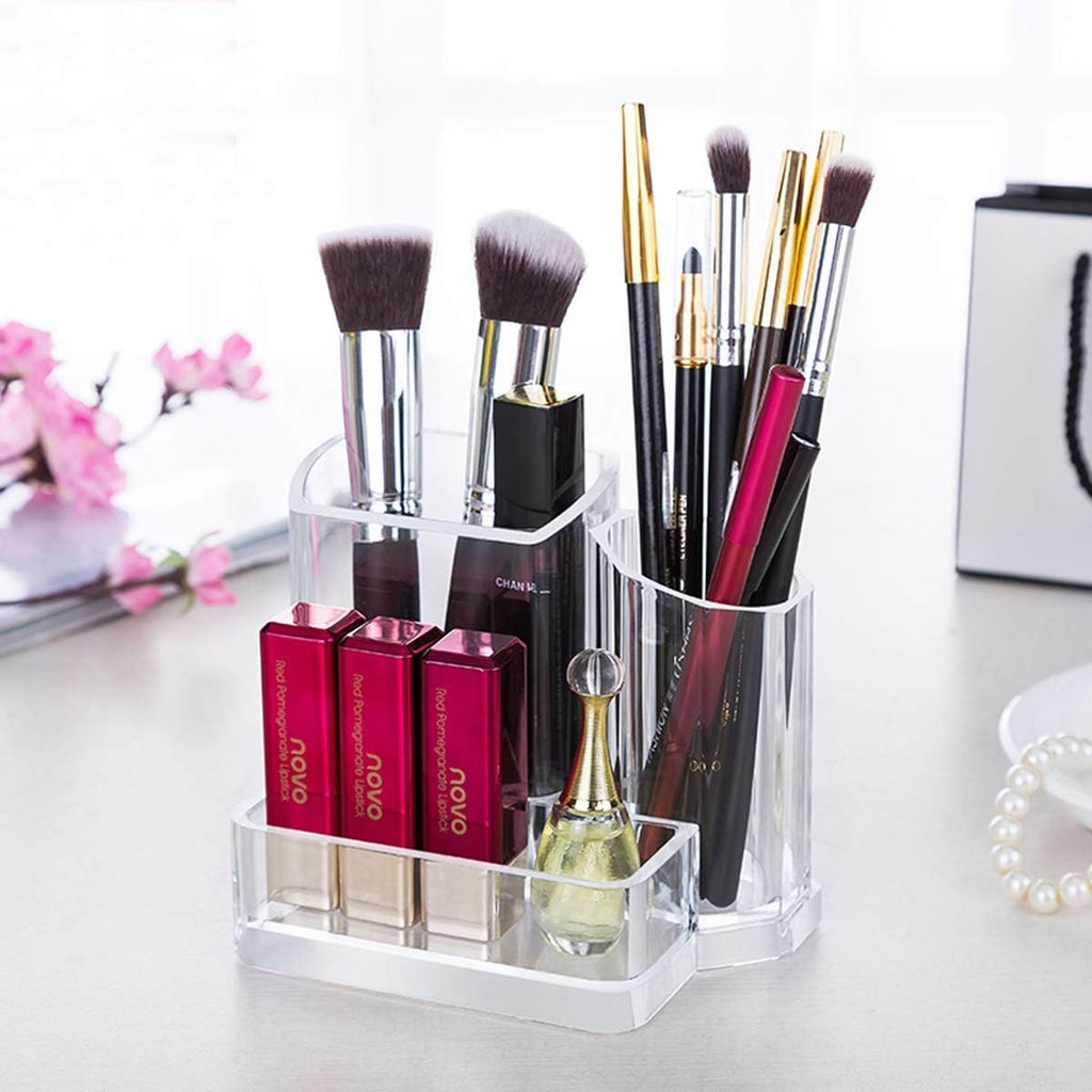 Sooyee Acrylic Desk Supplies Cosmetic Organizer Holder, 3 Compartment Office Desktop Caddy, Multi-function Pen Pencil Cup Phone Remote Control Stationery Storage Box for Home, School, Classroom, Clear