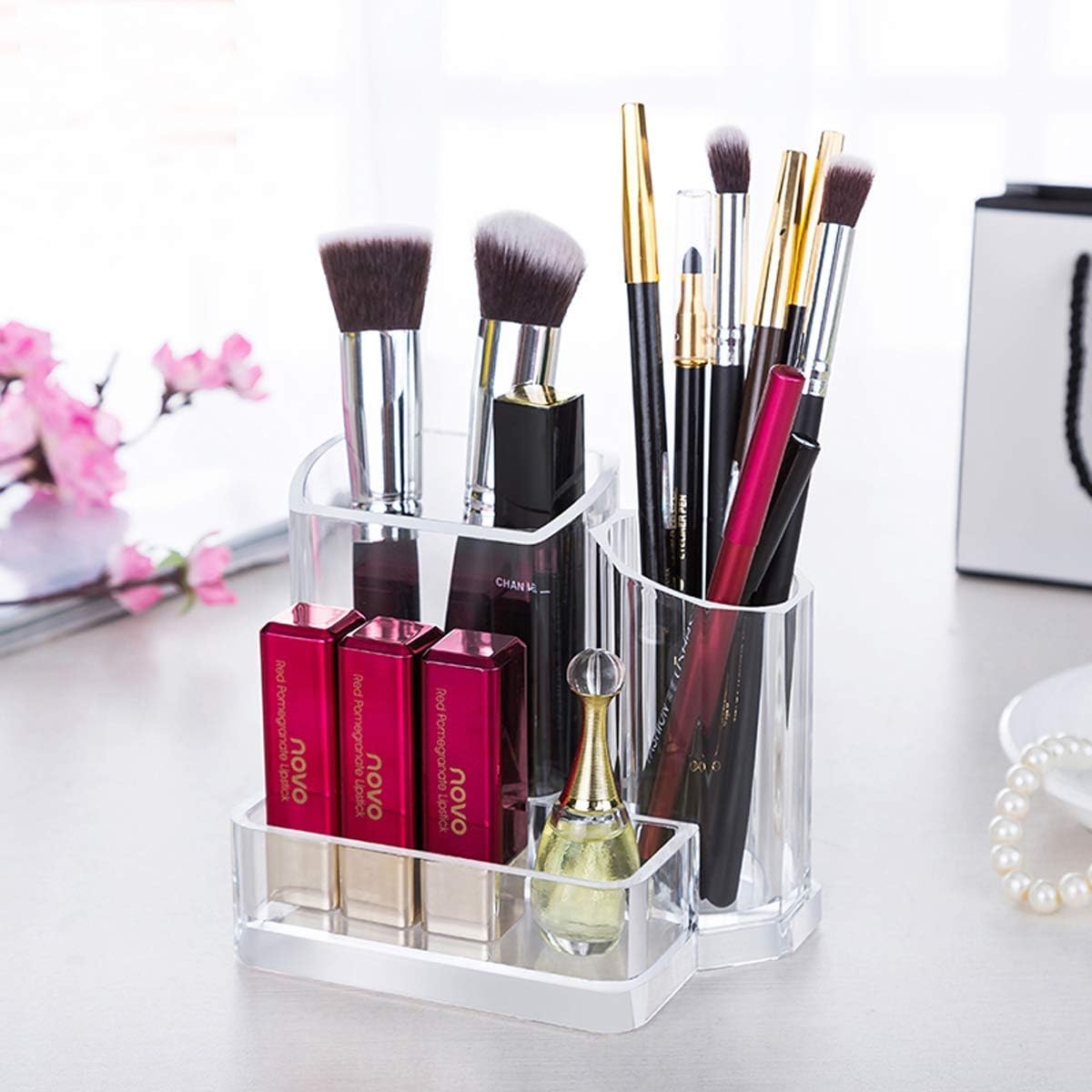 Sooyee Acrylic Desk Supplies Cosmetic Organizer Holder, 3 Compartment Office Desktop Caddy, Multi-function Pen Pencil Cup Phone Remote Control Stationery Storage Box for Home, School, Classroom, Clear
