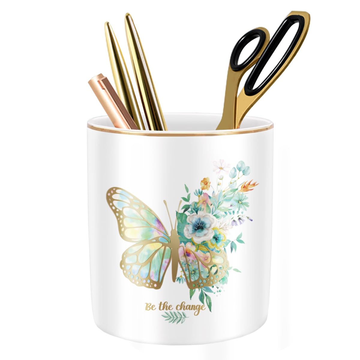 Large Capacity Colored Pen Holder for Desk, Ceramic Pencil Holder Pen Cup Marker Holder Makeup Brush Holders, Desk Accessories & Workspace Organizers for Home, Office, White Flower