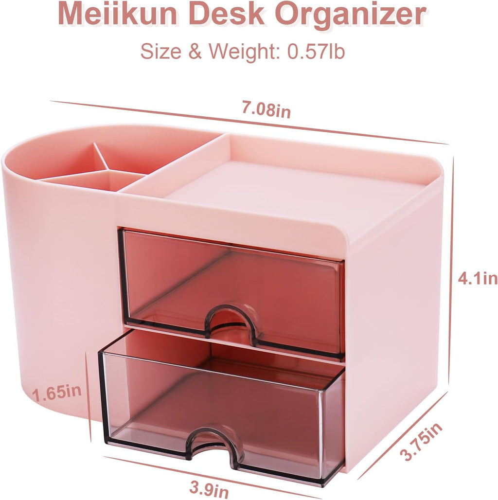 Meiikun Desk Organizer with Drawer, Pen Organizer for Desk, Small Pencil Holder, Desk Organizers and Accessories for Office Home Storage (2 Drawers+4 Compartments, Pink)