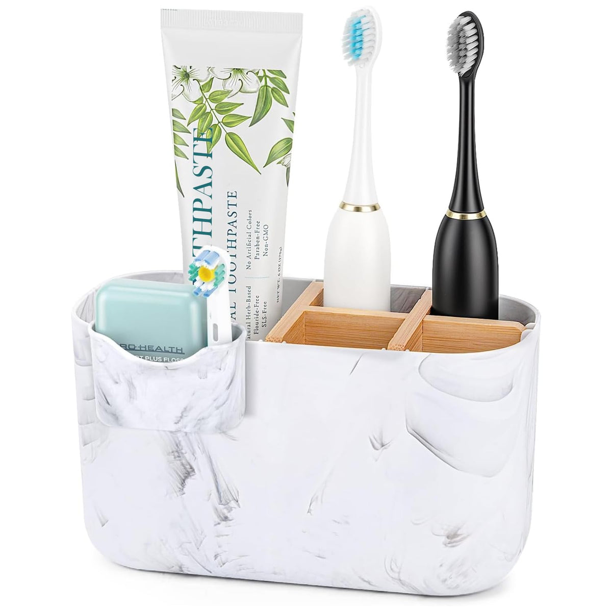 GFWARE Toothbrush Holders for Bathrooms, 5 Slots Bamboo Toothbrush Holder Kids Electric Toothbrush Holder and Toothpaste Holder for Bathroom Countertop Accessories Storage, Marble Toothbrush Organizer