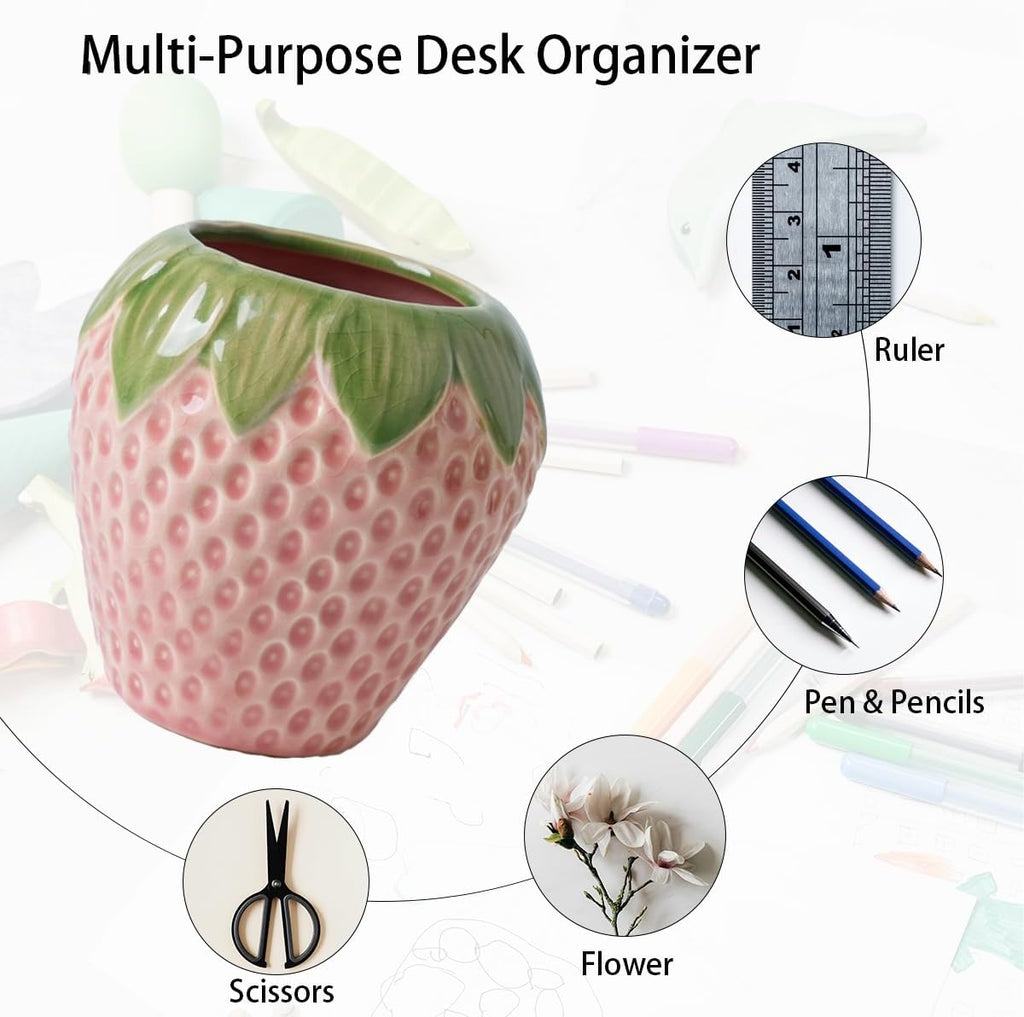 Sixbaole Pink Strawberry Ceramic Pencil Holder for Desk, Cute Office Decor