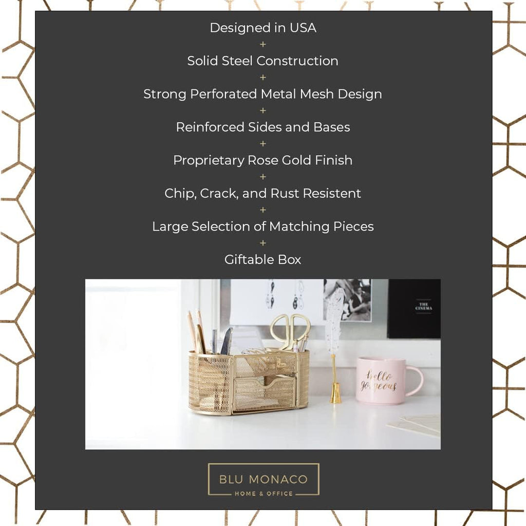 BLU MONACO | Gold Desk Organizer Set with Drawer | Metal Mesh Desk Accessories for Women | Stylish Desktop Organizer for Office Storage, Supplies & Small Stationery