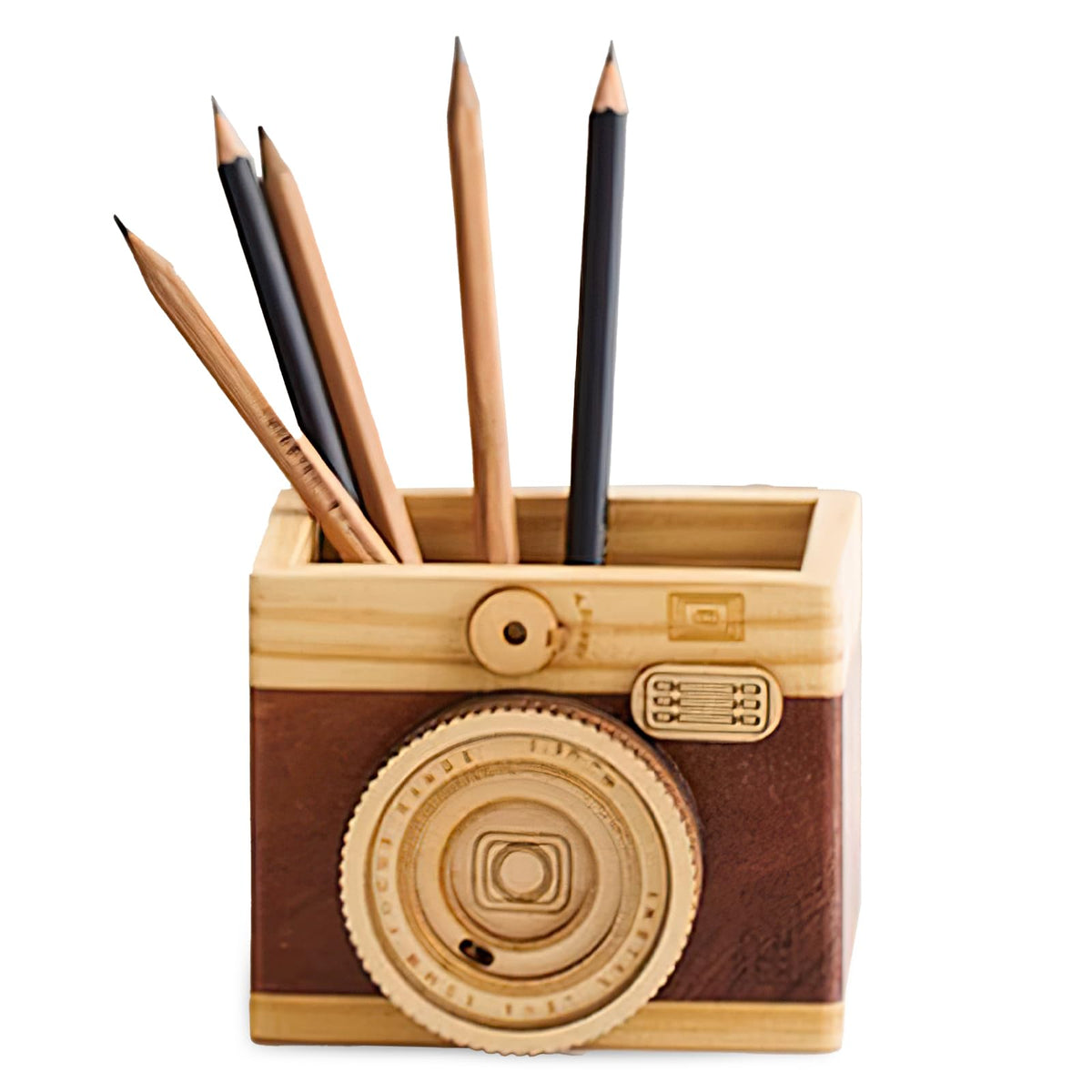 Vintage Wooden Camera Pencil Holder – Retro Desk Organizer for Pens & Stationery, Unique Photography Gift for Photographers, Creative Wooden Pen Holder for Office & Home Decor (Double slot)