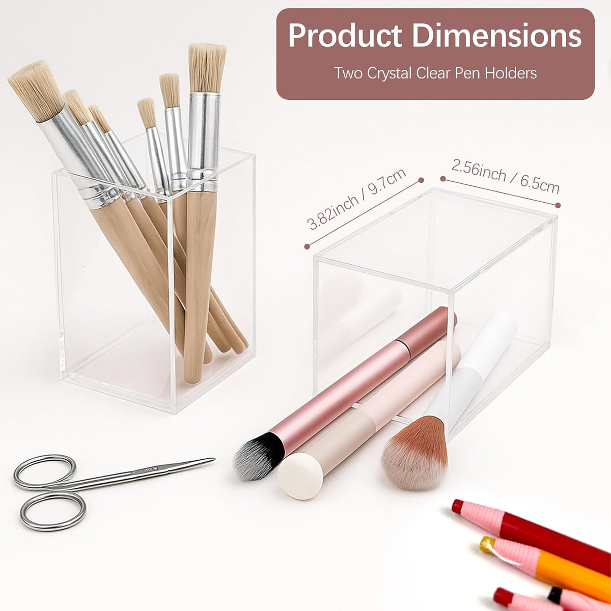 Clear Acrylic Pen Holder Cup Set of 2, Simple Modern Desktop Organizer for Stationery, Makeup Brushes, Office, Study and Home