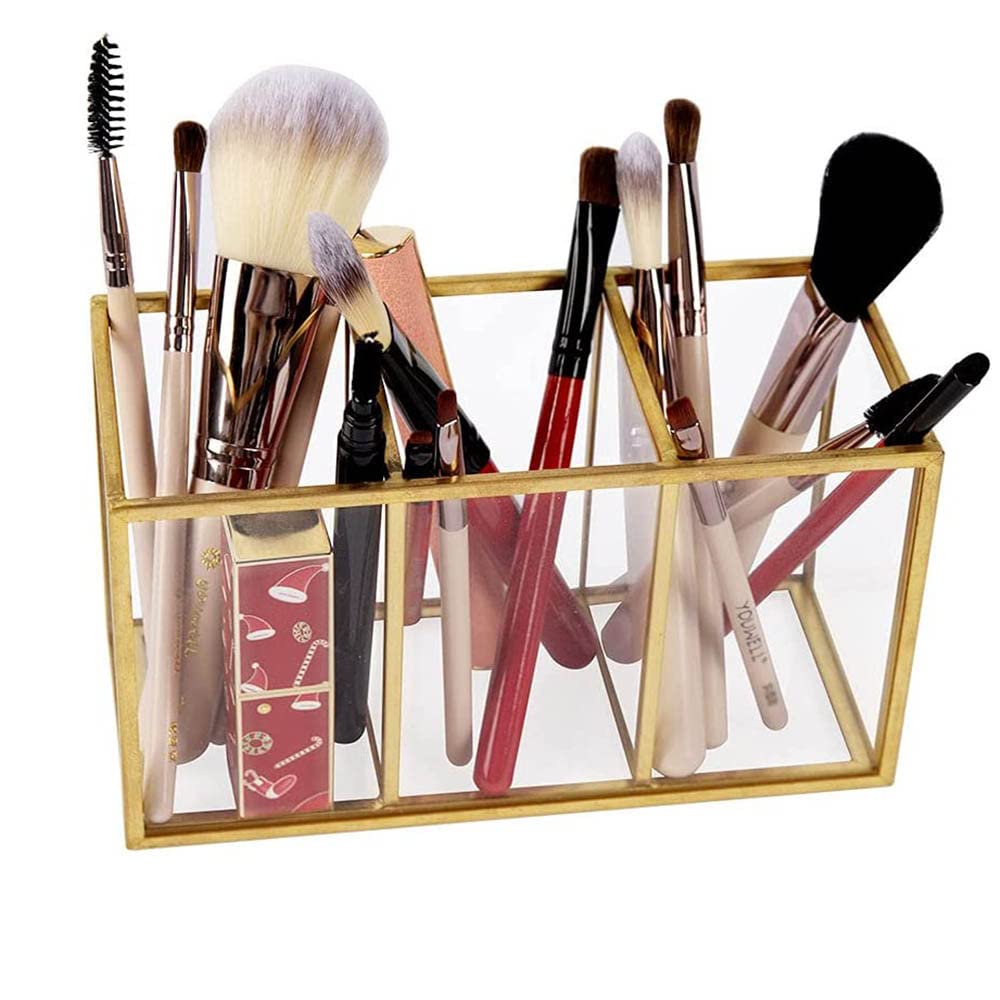 NIUBEE Acrylic Pen Holder 4 Compartments, Clear Desk Pencil Organizer Cup