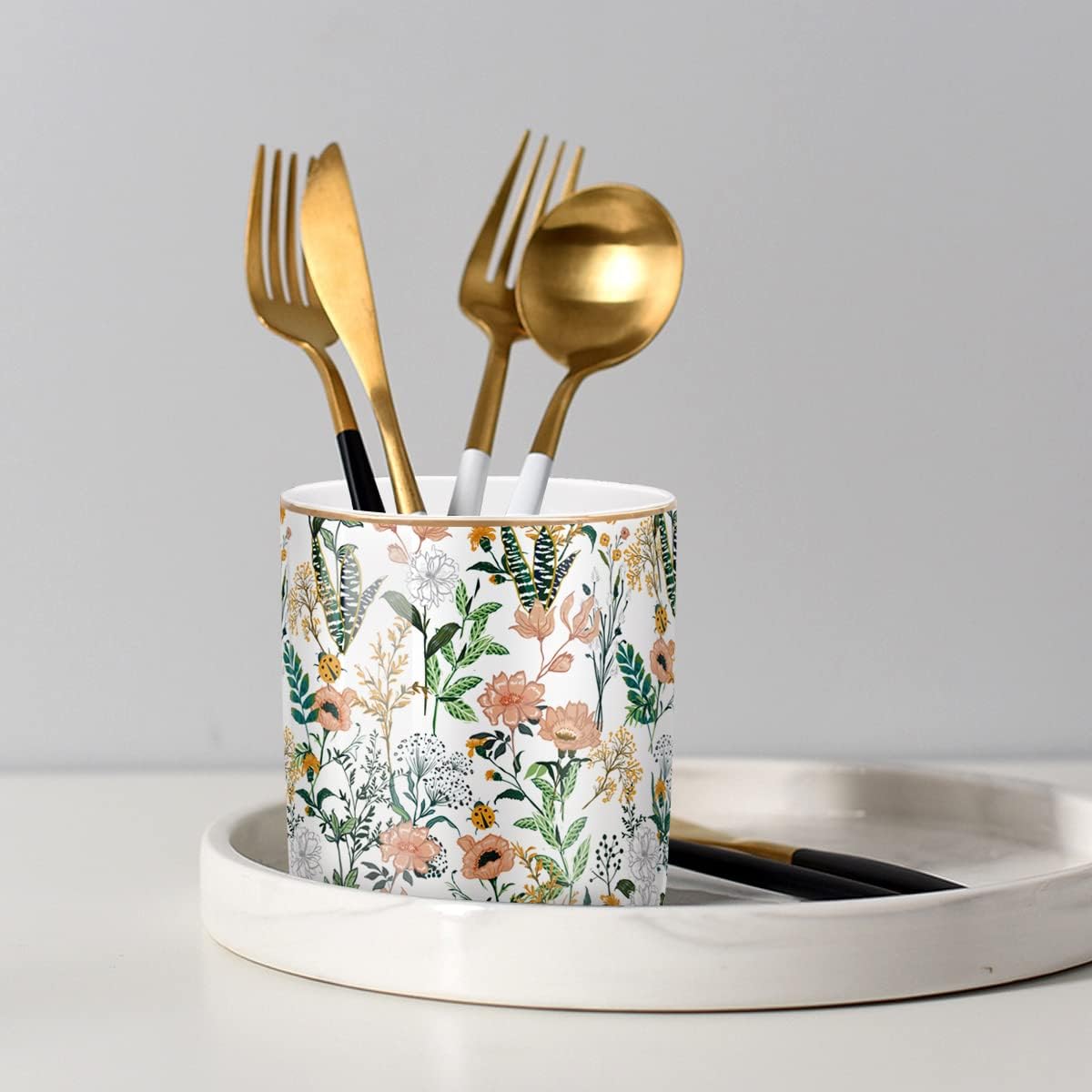 Large Capacity Colored Pen Holder for Desk, Ceramic Pencil Holder Pen Cup Marker Holder Makeup Brush Holders, Desk Accessories & Workspace Organizers for Home, Office, White Flower