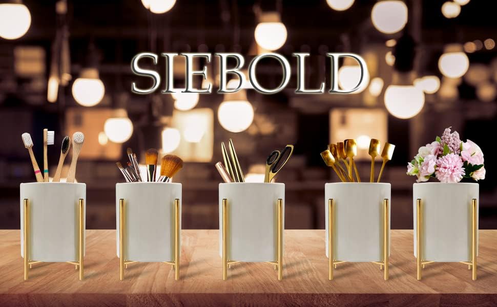Gold pencil cup Sturdy metal frame with white ceramic pen holder For desks and kitchen appliance holders