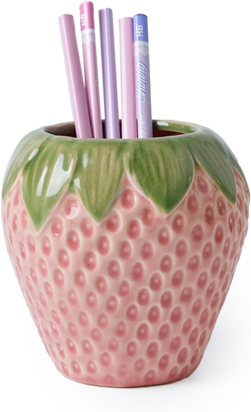 Sixbaole Pink Strawberry Ceramic Pencil Holder for Desk, Cute Office Decor