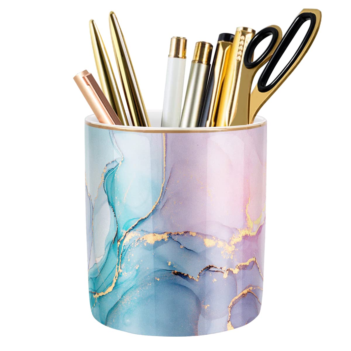 Large Capacity Colored Pen Holder for Desk, Ceramic Pencil Holder Pen Cup Marker Holder Makeup Brush Holders, Desk Accessories & Workspace Organizers for Home, Office, White Flower