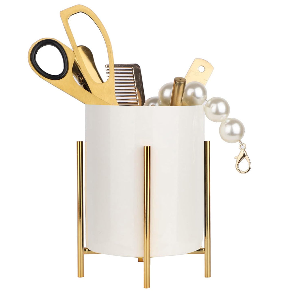 Gold pencil cup Sturdy metal frame with white ceramic pen holder For desks and kitchen appliance holders