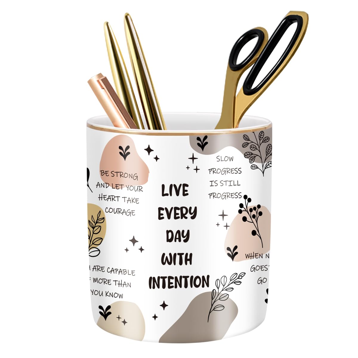 Large Capacity Colored Pen Holder for Desk, Ceramic Pencil Holder Pen Cup Marker Holder Makeup Brush Holders, Desk Accessories & Workspace Organizers for Home, Office, White Flower