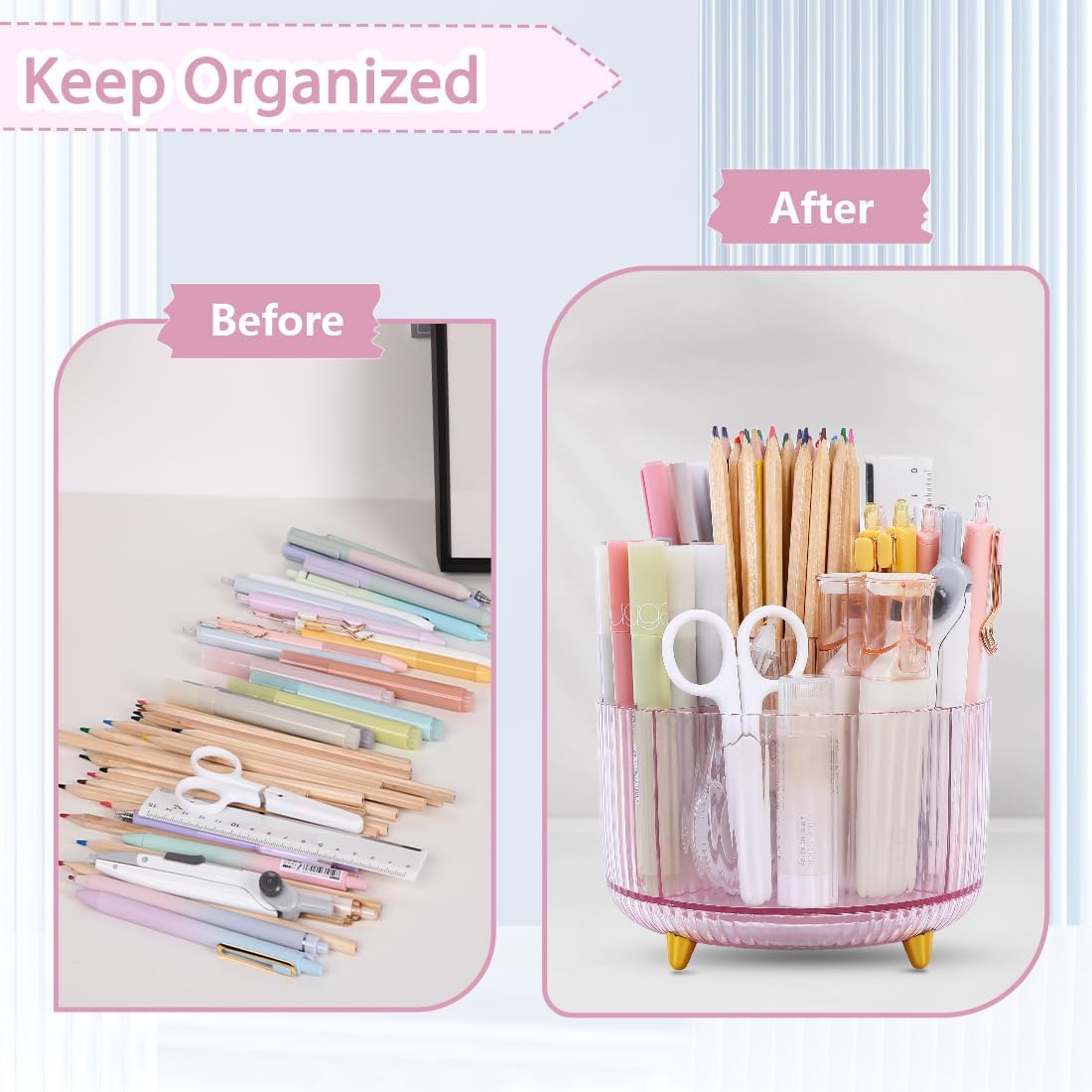 SKYDUE Rotating Pencil Pen Holder, Pen Organizer with 5 Slots - Aesthetic Desk Organizer and Accessories for School, Home, Office Supplies