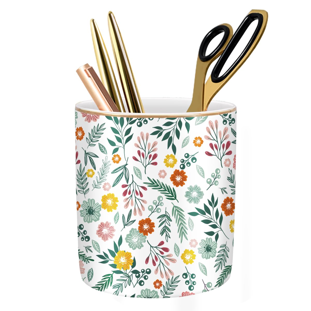 Large Capacity Colored Pen Holder for Desk, Ceramic Pencil Holder Pen Cup Marker Holder Makeup Brush Holders, Desk Accessories & Workspace Organizers for Home, Office, White Flower