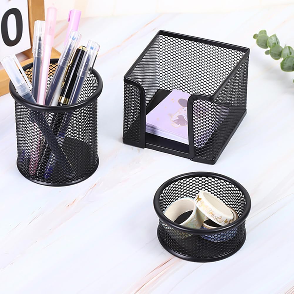 3-Piece Metal Desk Organizers Set, Mesh Pencil Holder with Sticky Note Holder and Paper Clip holder, Stationery Storage for Home, Classroom & Workplace