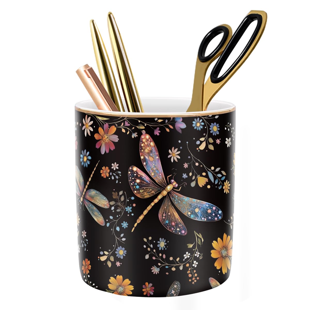 Large Capacity Colored Pen Holder for Desk, Ceramic Pencil Holder Pen Cup Marker Holder Makeup Brush Holders, Desk Accessories & Workspace Organizers for Home, Office, White Flower