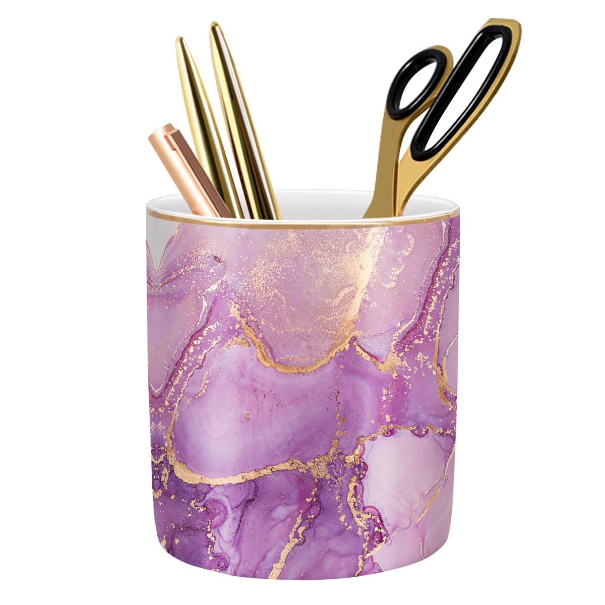 Large Capacity Colored Pen Holder for Desk, Ceramic Pencil Holder Pen Cup Marker Holder Makeup Brush Holders, Desk Accessories & Workspace Organizers for Home, Office, White Flower
