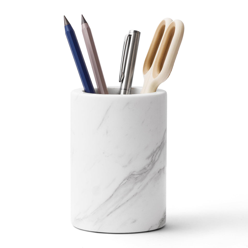 Natural Marble Pen Holder for Desk, Handcrafted Volakas Sturdy Desk Organizer for Office Supplies Storage Desktop Stationary Makeup Brushes Cup Pencil Holders for Home White (DL002)
